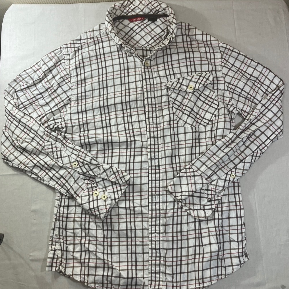 Unionbay Mens Medium Button Up Shirt White Brown‎ Red Plaid Cotton YT64305